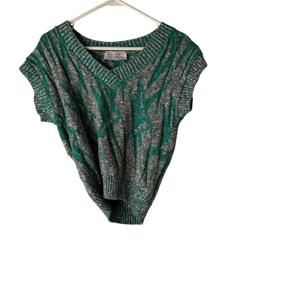 Vintage 80s Glamour Knit Sweater Vest‎ Green Gray Abstract Made in USA M